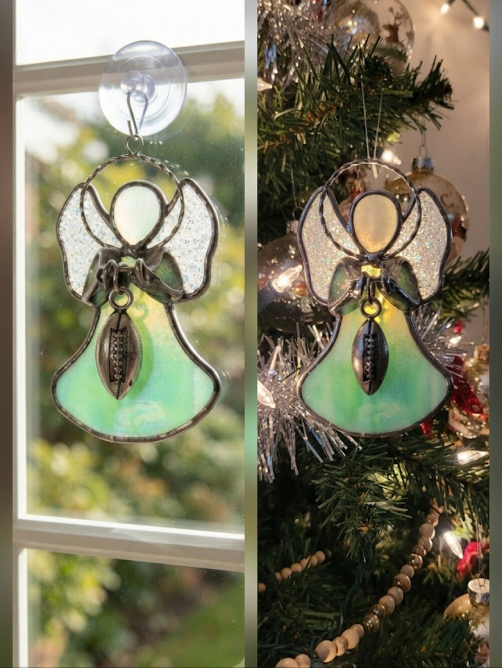 Stained Glass Iridescent Football Angel Suncatcher Green Football Fan Gift